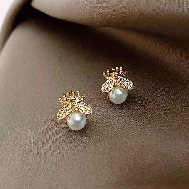 Korean Style Honey Bee Pearl Stud Earrings for Women
