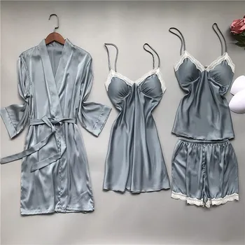 

Autumn Sexy Lace Women's Robe & Gown Sets Bathrobe Night Dress 4 Four Pieces Sleepwear Womens Robe Sets Silk Robe Femme Lingerie