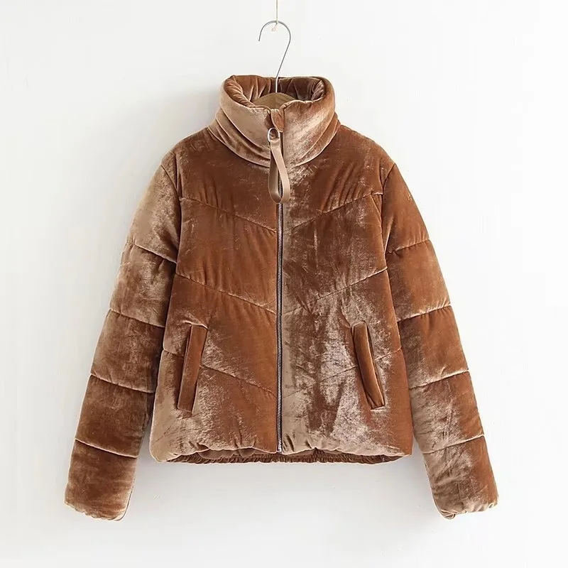 

New Winter Women Stand Collar Velvet Casual Comfy Parka Ladies Plain Color Zipper Pockets Thick Cotton Clothes Cazadoras Mujer