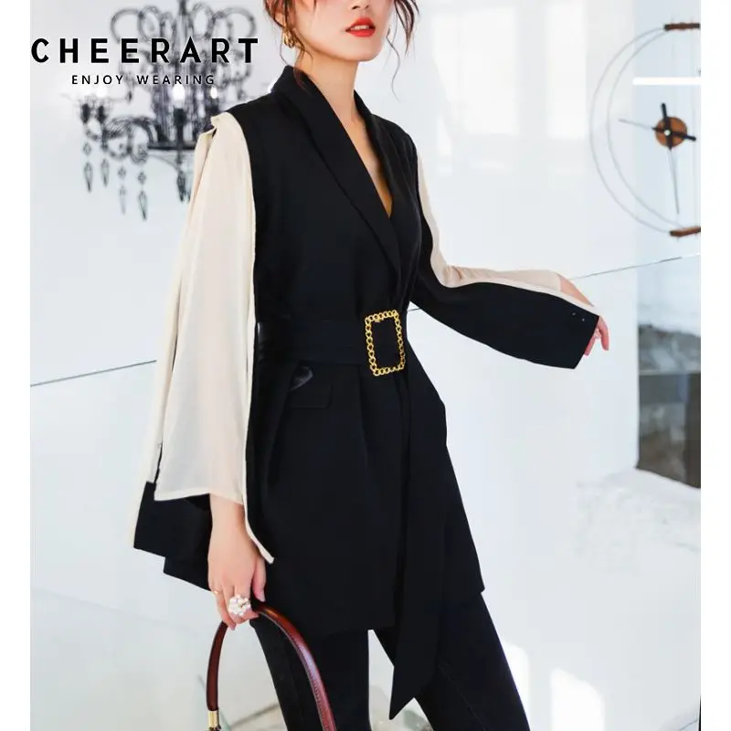 Cheerart осень сетчатый рукав Плетеный Блейзер Женская туника с поясом блейзеры и куртки Высокая уличная модная одежда