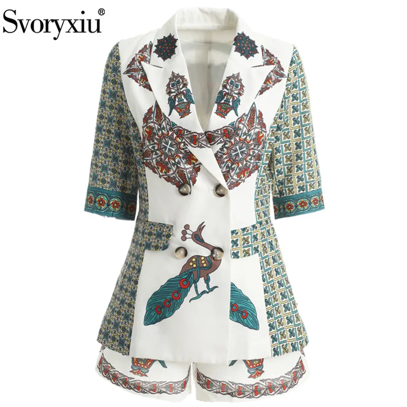 

Svoryxiu Designer Autumn Jackets Two Piece Set Women Vintage Printed Double Breasted Blazers + Shorts Fashion Office Lady Suits
