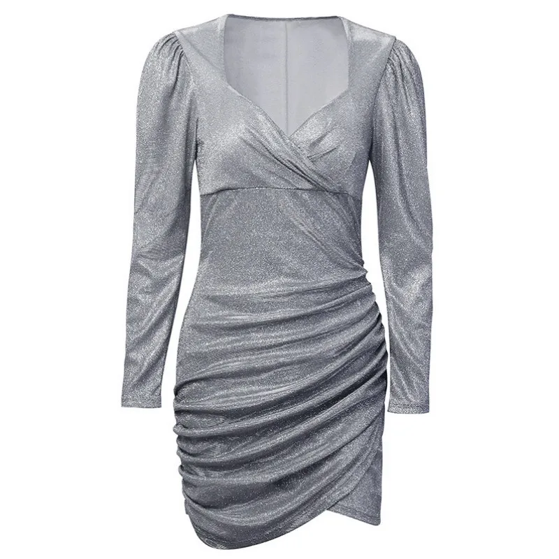 G1213 Silver Пикантные Для женщин с v-образным вырезом Femme блеск кимоно, Бандажное платье, мини-платье Обёрточная бумага блеск ночной клуб платье халат модные блестящие вечерние платье GV963 - Цвет: G1213 Silver