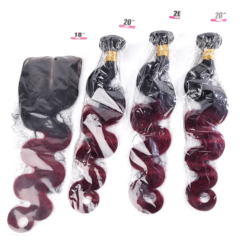 Salonchat волосы предварительно окрашенные Омбре бразильские волосы 3 пряди с кружевом Закрытие 1B/99J тела плетение человеческих волос пучок remy волос