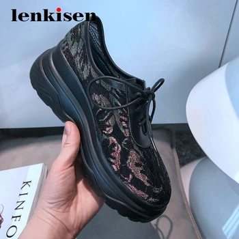 

Lenkisen leisure mixed cloth thick bottom platform air mesh breathable sneaker round toe lace up young lady vulcanized shoes L07