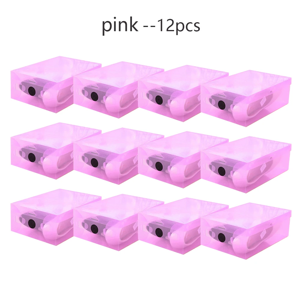 12pcs Pink 12 шт. Прозрачный складной пластиковый чехол для хранения обуви, коробка для хранения, Штабелируемый органайзер, коробка для обуви, пластиковая коробка для обуви, органайзер для дома - Цвет: 12pcs Pink
