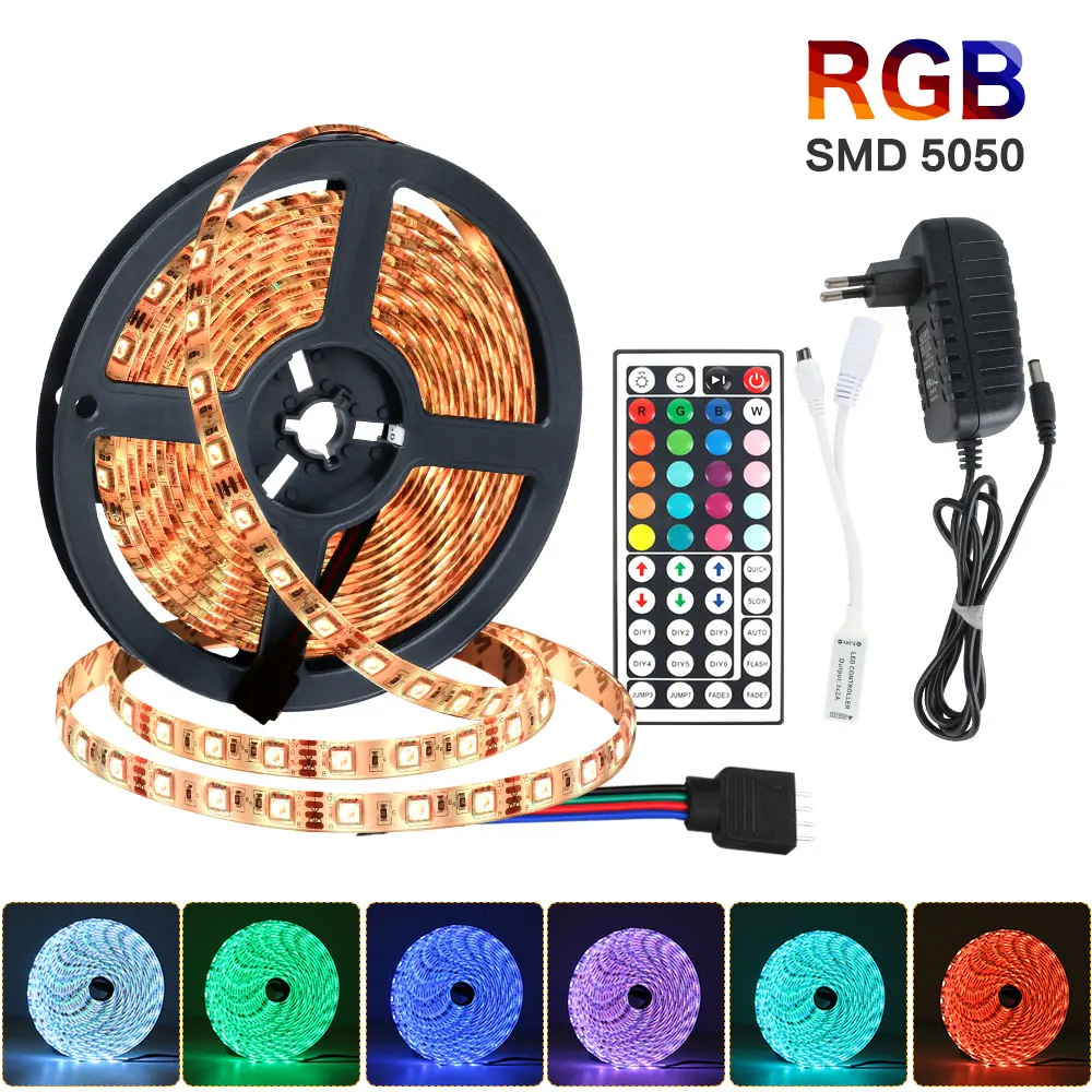 SMD 5050 RGB светодиодный набор гибких лент DC12V 5 м 10 м 15 м водонепроницаемый с 44 клавишами ИК-пульт дистанционного управления с адаптером светодиодный освещение