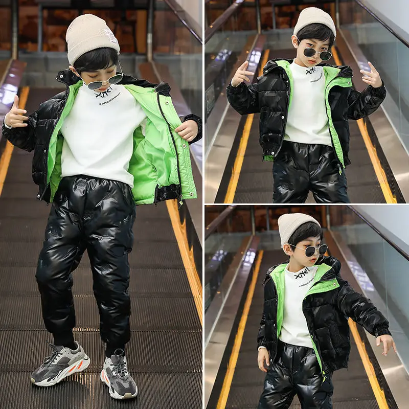 Children's down cotton coat jacket + jumpsuit Children 3-12 children girls boys down jackets 2-piece winter suit warm baby suit