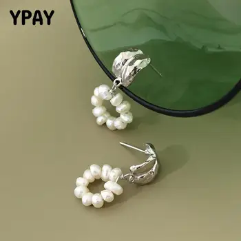 

YPAY 100% Real 925 Sterling Silver Stud Earrings for Women Korea INS Irregular Baroque Freshwater Pearl Earring Jewelry YME696