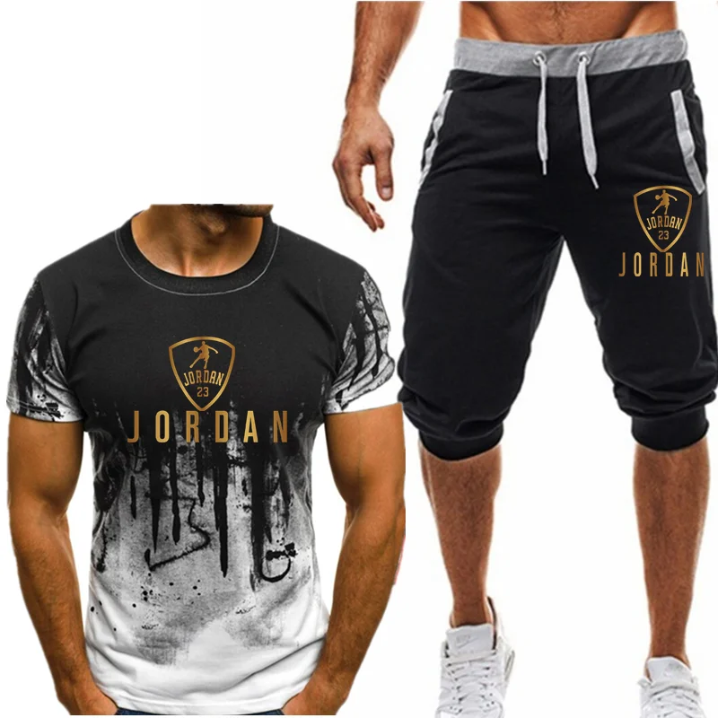 Chándal de moda para hombre, conjunto de pantalones cortos de manga corta y ropa informal de gimnasio, traje de pantalones cortos de verano, 2021