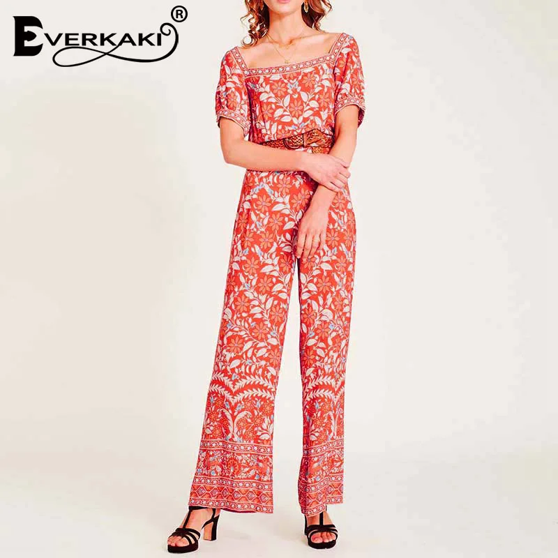 Everkaki Boho женский комбинезон с принтом, женские комбинезоны с поясом, цветочный принт, богемные винтажные комбинезоны, женские комбинезоны, новинка, осень