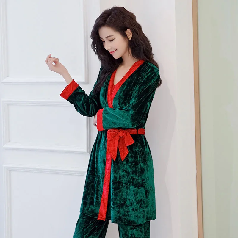 Green Комплект из 3 предметов, женская одежда для сна, сексуальная теплая зимняя Пижама, комплект с длинными рукавами, кружевная Домашняя одежда, костюм с v-образным вырезом, мягкая домашняя одежда - Цвет: Green