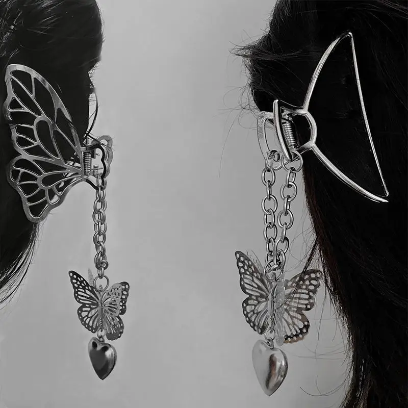 Hollow Out Butterfly Heart Tassel Hair Pins For Women Girl Vintage Metal Silver Color Harajuku Hair Clip Jewelry Accessories New