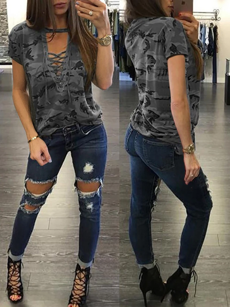 Fashion Summer Women Camouflage Loose T Shirt  Short Sleeve Casual Ladies Tops Summer Bandage Hollow Out T-Shirt Tops tees Tees