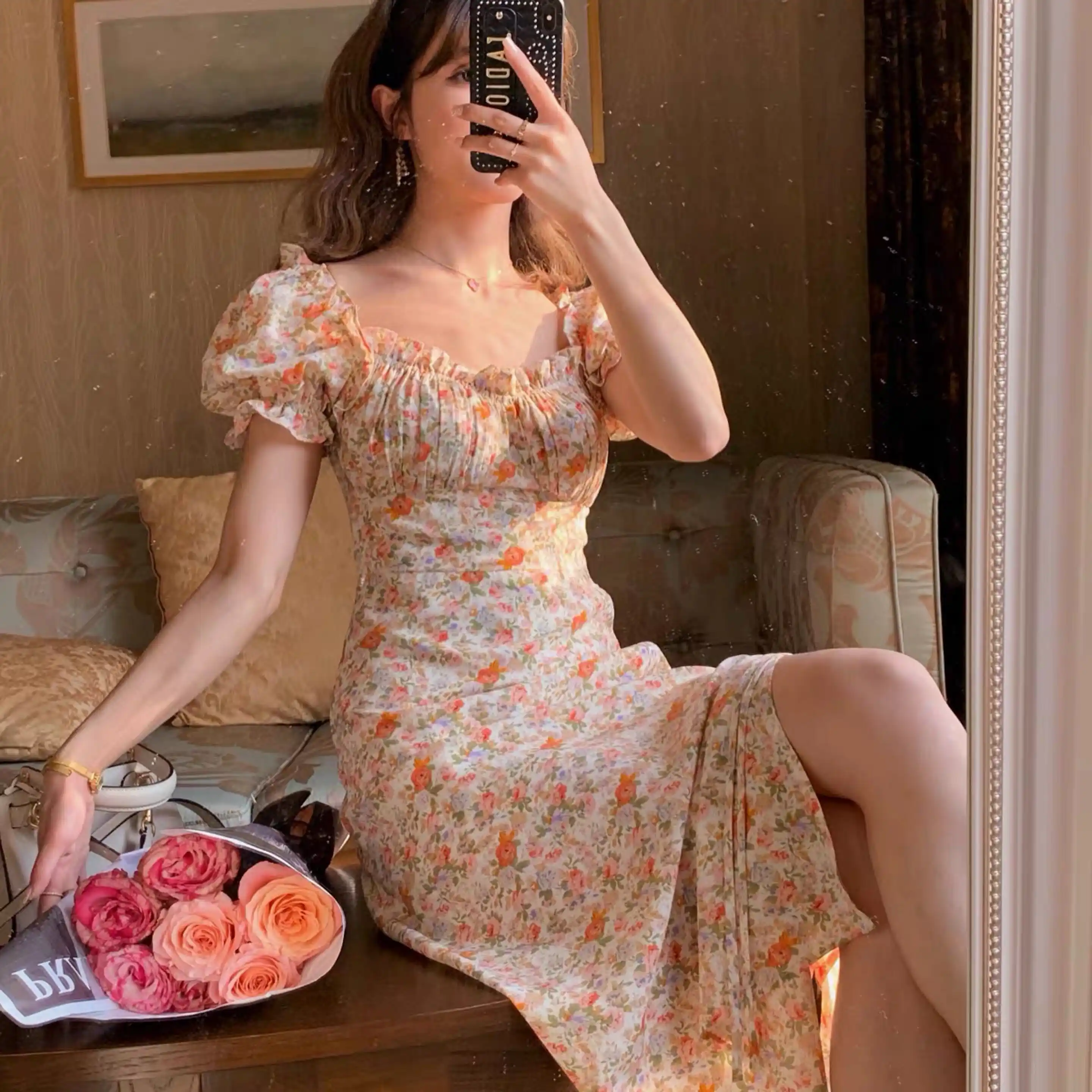 Sweet Chic Floral Retro Summer Women Dress Square Collar Short Puff Sleeve Elegant Long And Short One Piece Dress Korean Dresses Aliexpress
