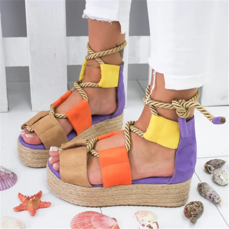 

Women's sandals flat large size hemp rope straps thick bottom multicolor color matching tether casual beach shoes 2020