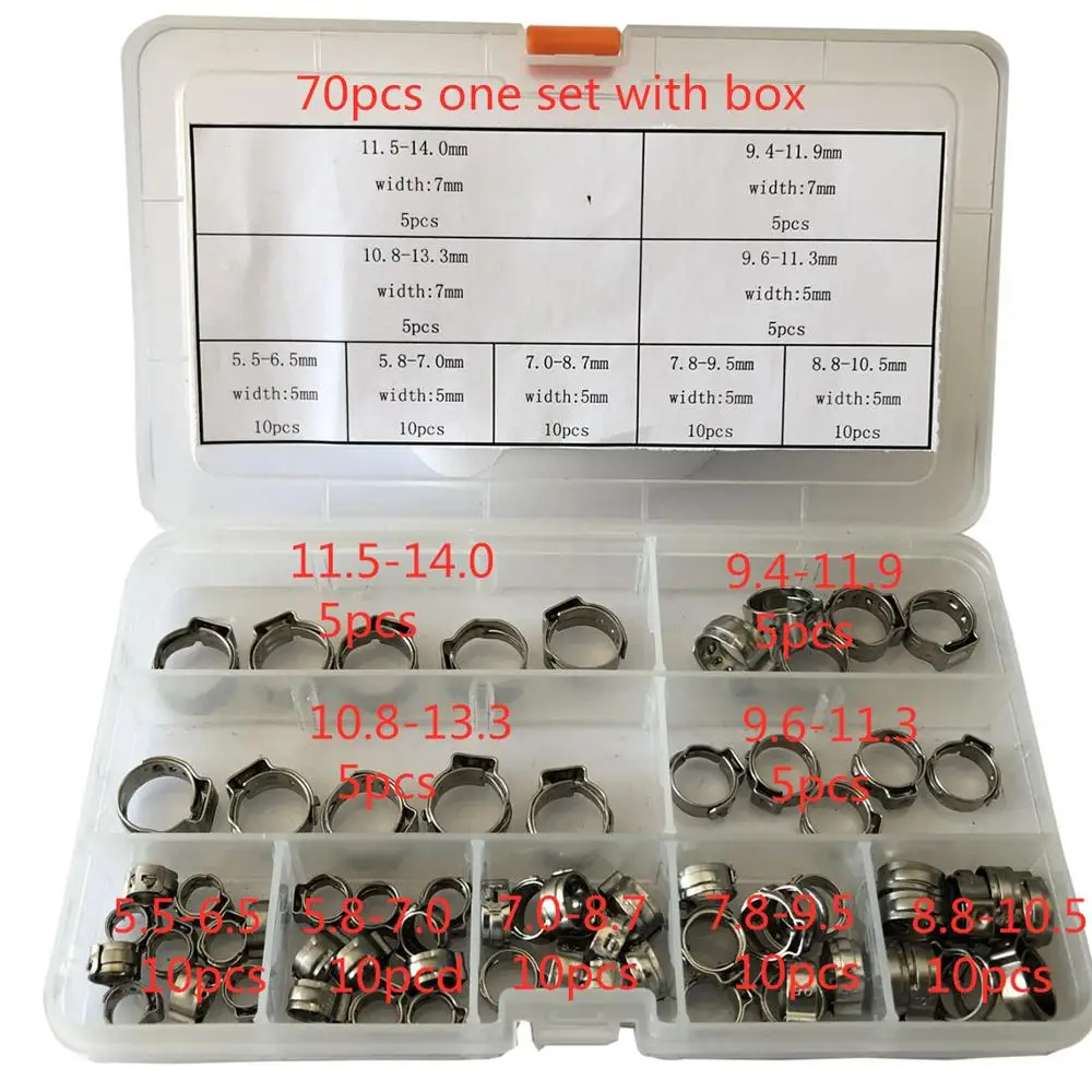

Free shipping Pipe Clamp High Quality 70Pcs one set 304 Stainless Steel Single Ear Stepless Hose Clamps Assortment Kit