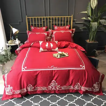 

Home bed set Red Egyptian Cotton Bedding Sets Queen King Size Embroidery Duvet Cover Set Sheets Wedding Linens