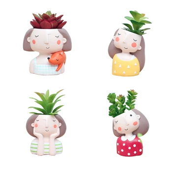 

Lovely Girl Cartoon Design Resin Plant Flower Pot Succulent Container Planter Bonsai Pot Flowerpot Desktop Craft Home Decoration