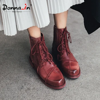 

Donna-in Women Autumn Boots Natural Leather Round Toe Vintage Sewing Female Shoes Zip Low Heels Ankle Boots Quilted Fashion 2020