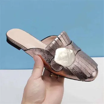 

women slides sandals brand design women genuine leather tassel designer high heels lady shoes luxury fashion slippers