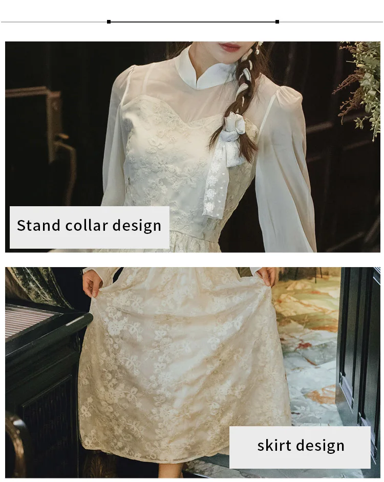 Autumn Party Dress Women Clothes French Vintage Elegant Long Sleeved Winter Women Dress Lace Floral Pattern Romantic White Dress