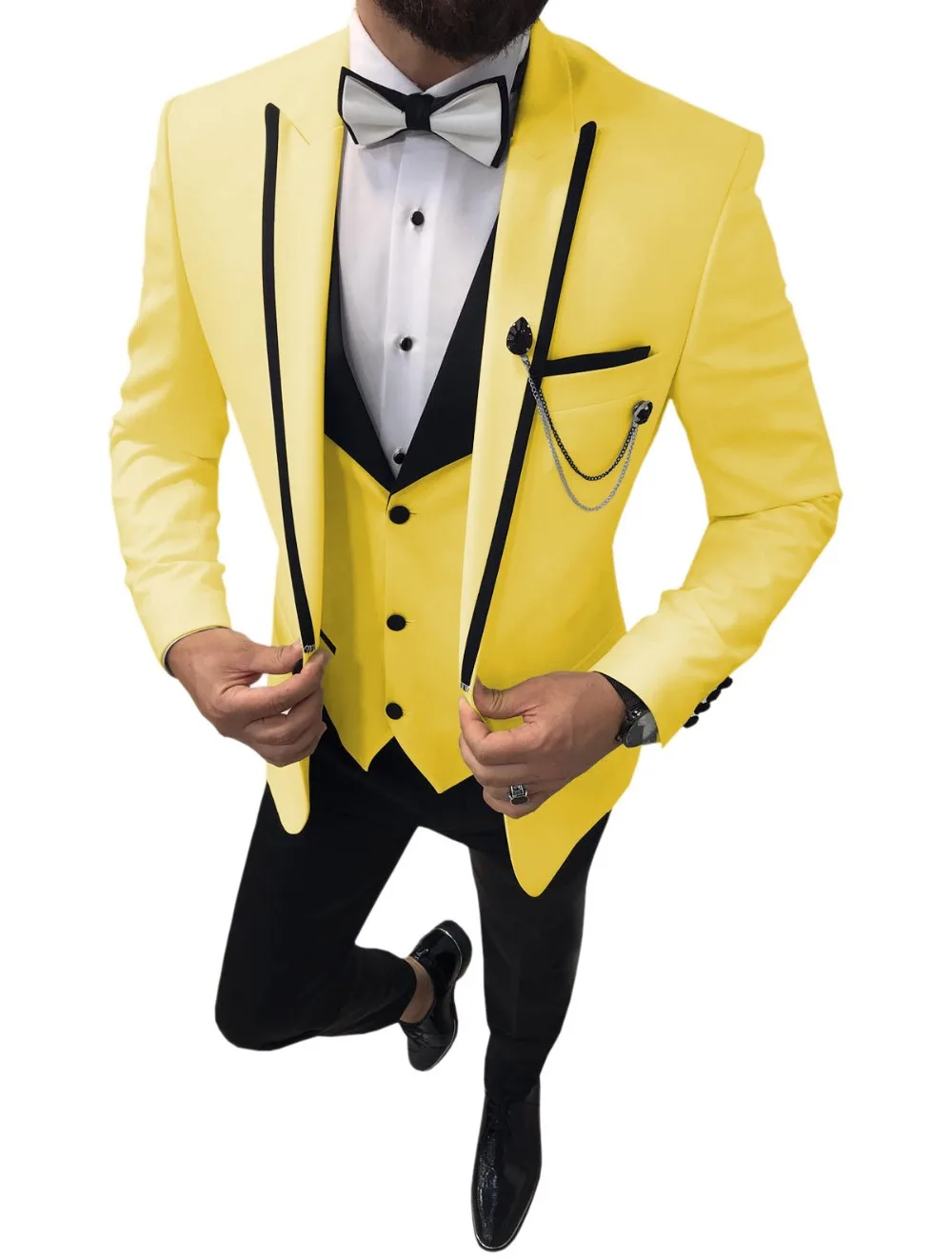 Blue Plaid Men Jackets Wedding Groomsmen Suits Notch Lapel Blazer Yellow Pants 