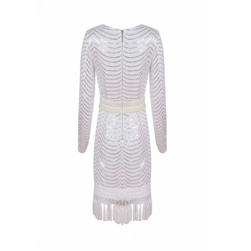 Elegant White Black Long Sleeve Sequins Dress Tassel Beading Patchwork Winter Fashion Celebrity Party Dress Vestidos Newest