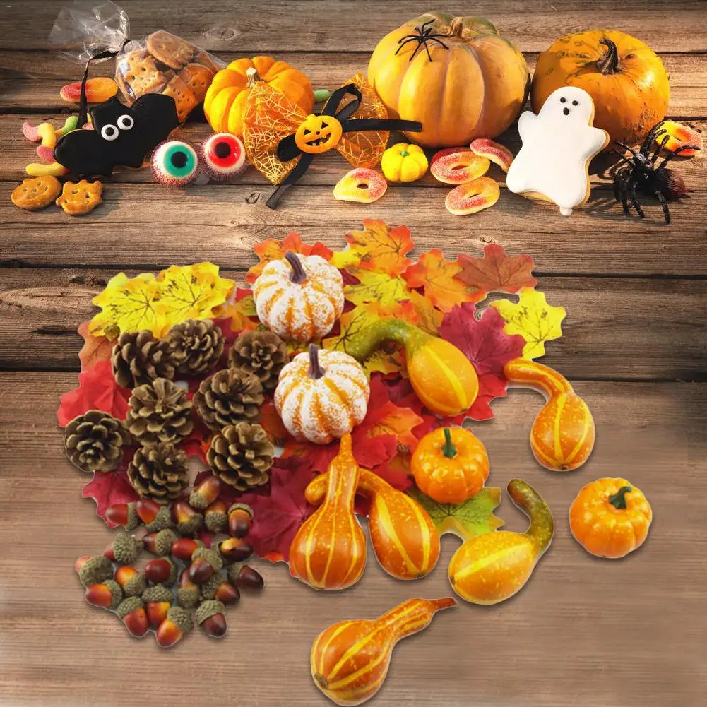 

166pcs Artificial Autumn Mini Pumpkin Pinecones Leaves Acorns Berries Decoration Kit For Halloween Thanksgiving Halloween Party