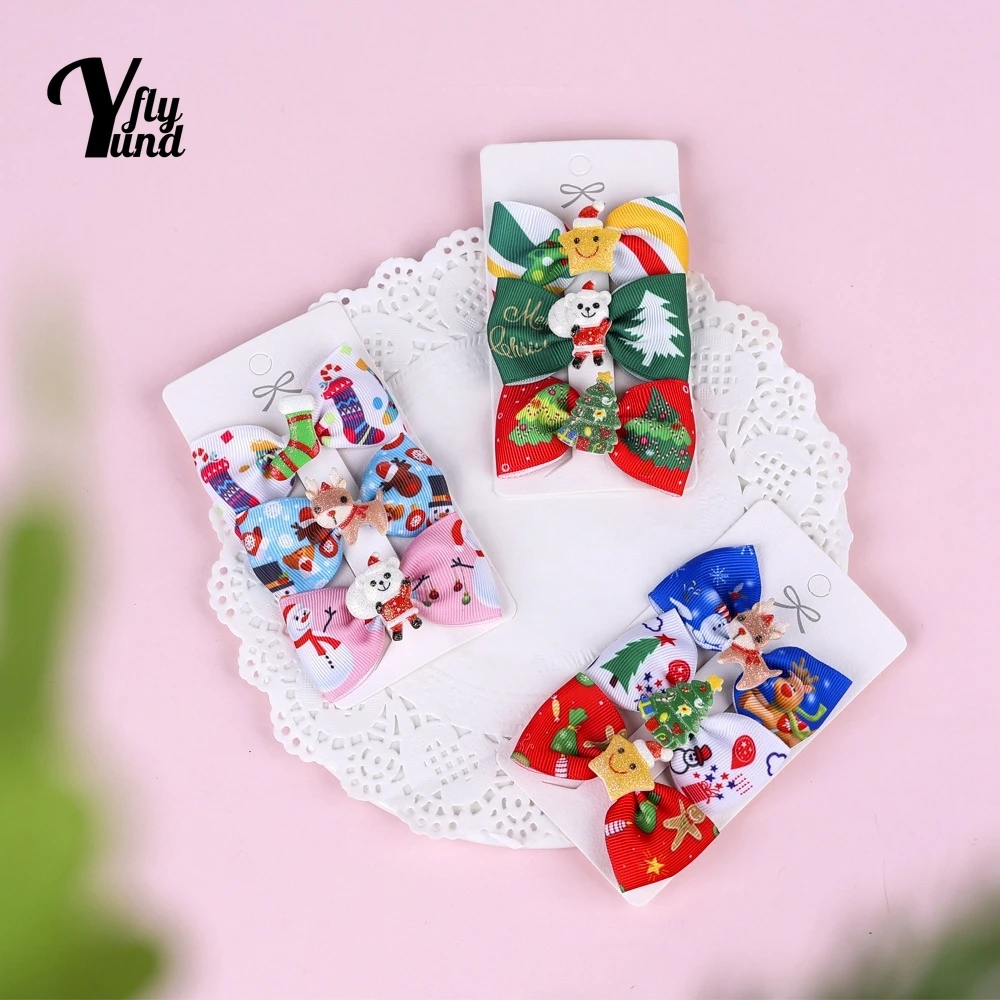 

Yundfly 3pcs/lot Fashion Cartoon Pattern Bows Baby Hair Clip Cute Print Bowknot Infant Bangs Hairpin Christmas Gifts Photo Props