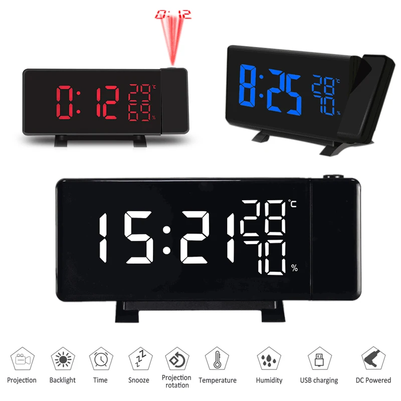 

Projection Alarm Clock Digital Snooze Function Projector USB Charger LED Table Clock With Time Projection Thermometer Hygrometer