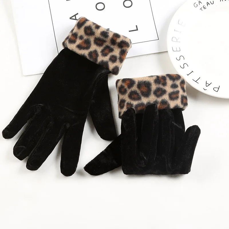 Women driving gloves gold velvet leopard gloves women sexy etiquette mittens autumn winter warm elastic cycling mittens D14