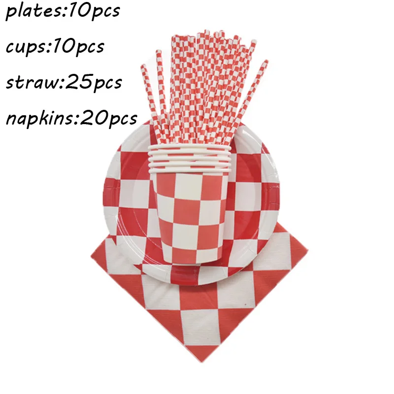 Гонка автомобиль тематические вечеринки клетчатый флаг вечерние принадлежности бумажные тарелки салфетки чашки красный и белый Вымпел Баннер гонки флаги - Цвет: 65pcs C Set
