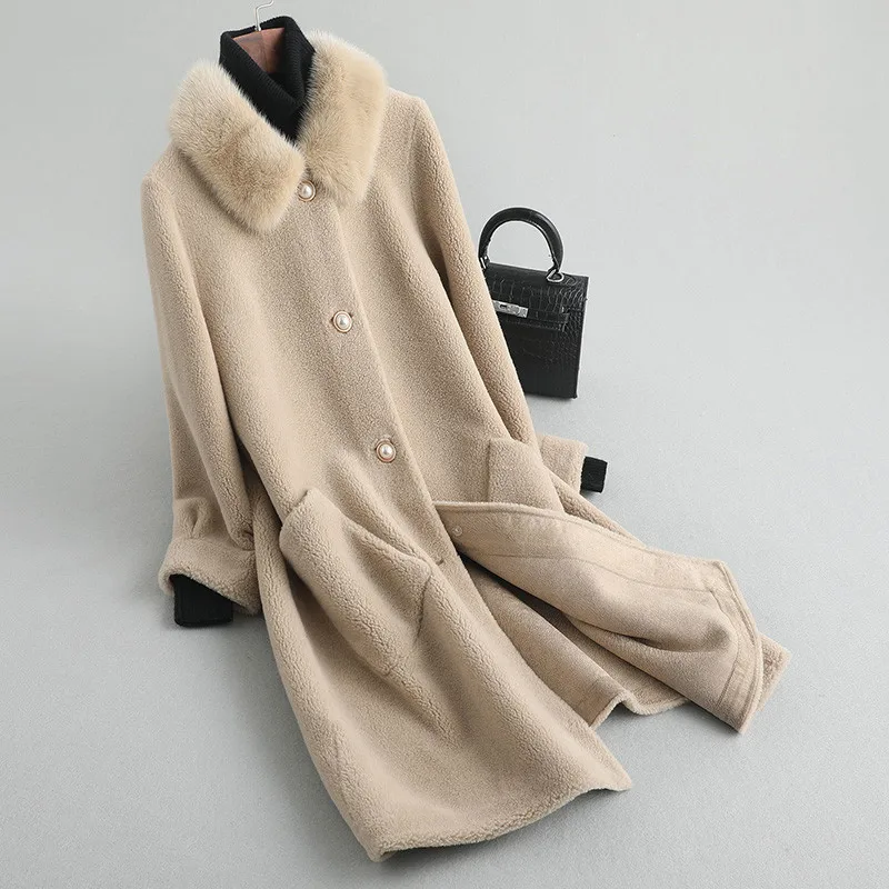 Женская Шуба из натуральной шерсти шуба овечьей с воротником меха норки Толстая