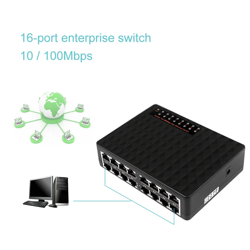 Сетевой коммутатор kebidumei с 16 портами Fast Ethernet LAN RJ45 хаб 100 Мбит/с для настольного ПК