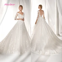 Шелковистое Тюлевое вышитое свадебное платье Новое сексуальное свадебное платье невесты с v-образным вырезом роскошное кружевное платье со шлейфом
