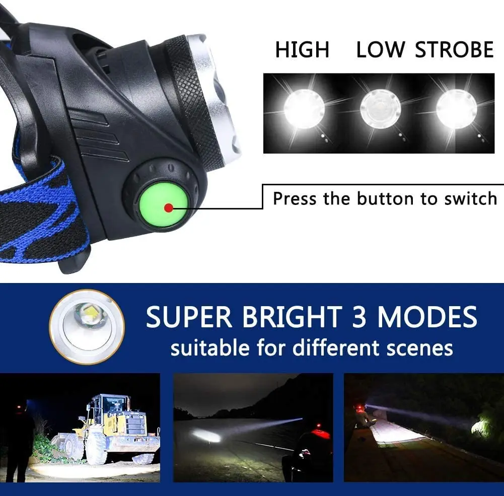 Potężny reflektor LED 18650 DC ładowalny reflektor Zoomable lampa czołowa wodoodporna głowica światła wysokie lumeny Head latarka