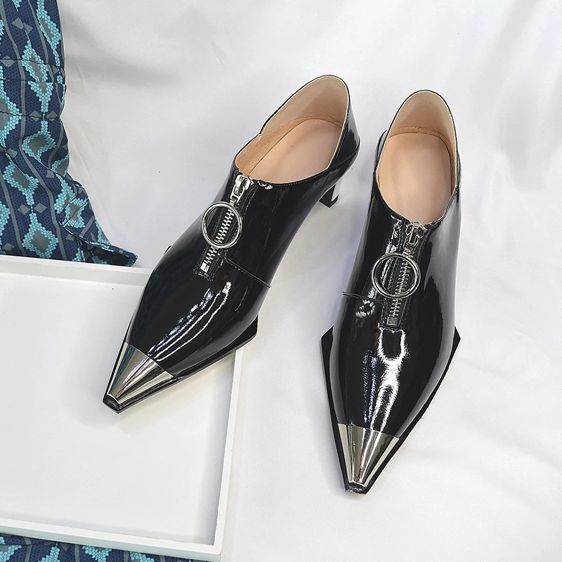 zippe Patent Leather Женские туфли-лодочки в стиле панк; повседневная обувь с металлическим носком; женские модельные туфли из натуральной кожи с пряжкой; вечерние офисные туфли на необычном каблуке - Цвет: zippe Patent Leather