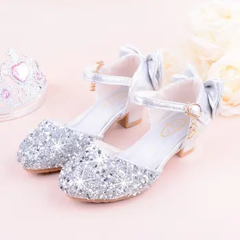 

2020 3-12 Years Fashion Sequins High Heels For Girls Summer Leather Sandals Kid Shoes Children Little Girls Bow Party Dance Shoe