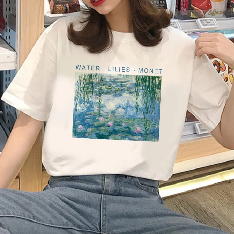 Белая женская футболка забавная MONET с водяными лилилиями летняя свободная