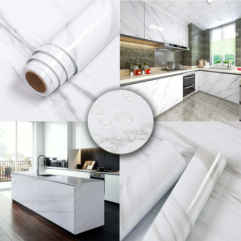 White Marble Self Adhesive Wallpaper For Kitchen Countertop