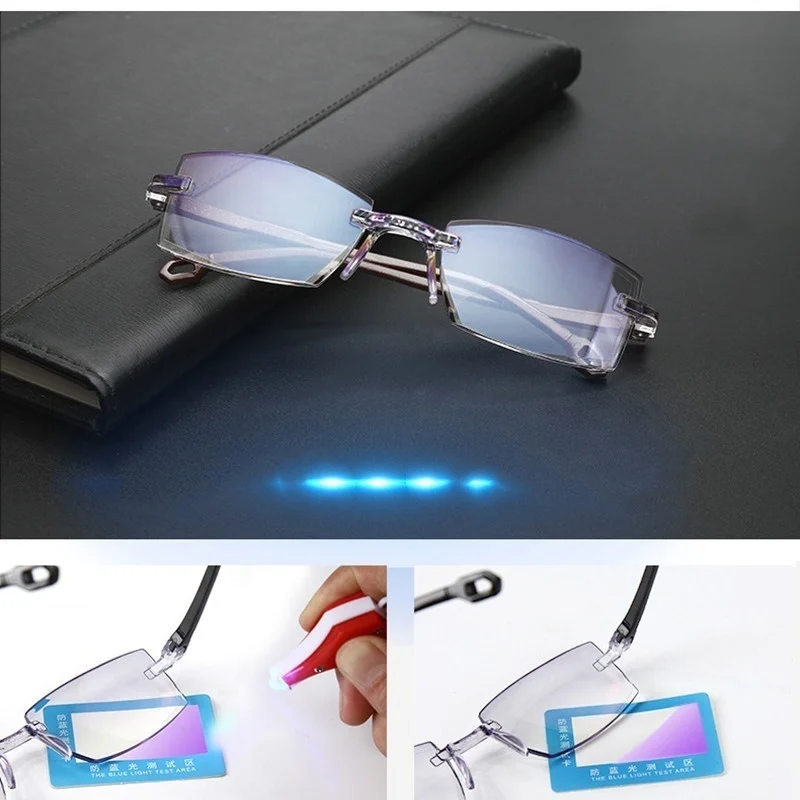 Men's frameless diamond cut light blue film full-length anti-blue light reading glasses +1.0 +1.5 +2.0 +2.5 +3.0 +3.5 +4.0 prescription blue light glasses