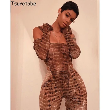 

Tsuretobe Snake Print 2 Piece Set Women Sexy Bodysuit And Skinny Pants Suits Leopard Matching Sets Multicolor Club Outfits Femal