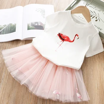 

2019 Girls Clothing Sets Summer Casual Style Cartoon Flamingo Printed T-Shirts+Pink Dress 2Pcs Girls Clothes Sets For 2 7Y