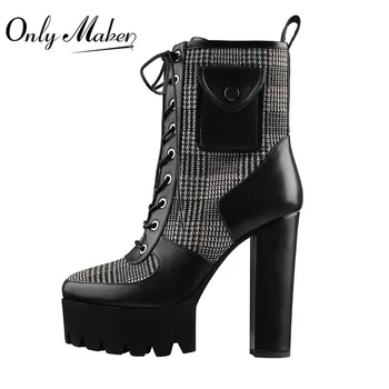 

Onlymaker Women's Platform Round Heel Lace Up High Heel Ankel Booties Block Chunky Heels Party Shoes Large Size Short Boots