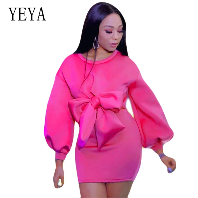 

YEYA Solid Puff Sleeve Bow Two Pieces Sets Hollow Out O-neck Top and Mini Skirt Elegant Bodycon Bandage Sexy Party Slim Dress