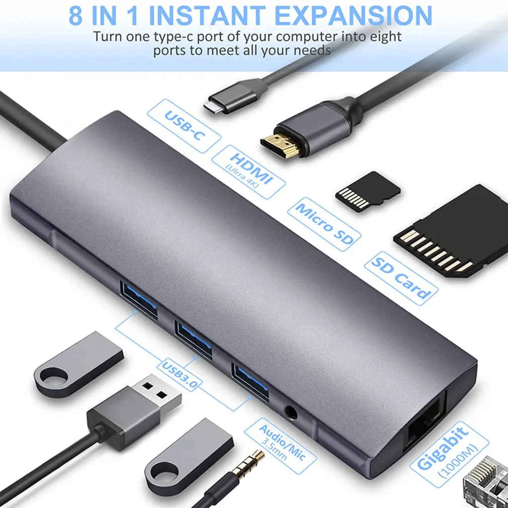 9 в 1 type-C к HDMI RJ45 3USB3. 0 TF SD аудио PD Многофункциональный узловой центр для адаптера серый домашний мультимедийные аксессуары