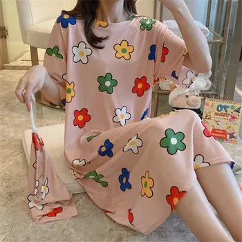 

Colorful flower print night skirt female student cartoon cute lady long night skirt casual O-neck summer comfortable thin sectio