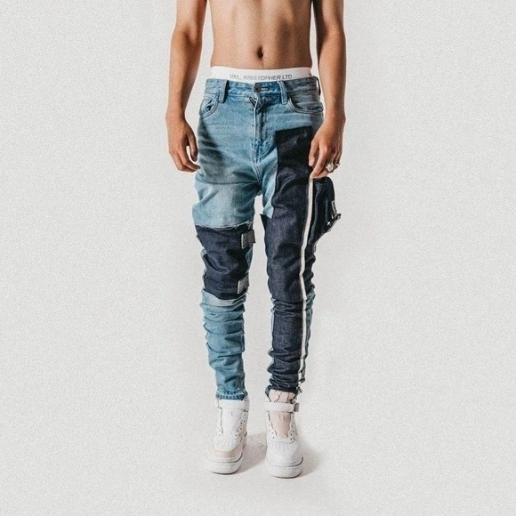 

2019 INS Superfire Heavy Industries Disassembled Stitching Washing Water Hanging Jeans Men Skinny Kanye West Jeans Streetwear