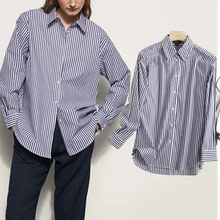 

Dave&Di Spring England Stlye Fashion Loose Poplin Striped Casual Shirt Blusas Mujer De Moda 2021 Women Blouse Tops