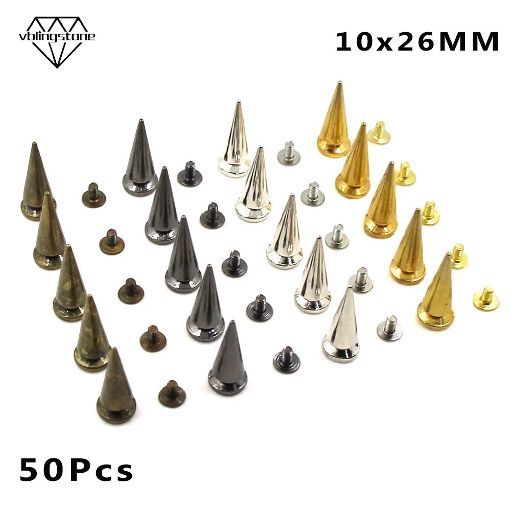 50Pcs Cone Screwback Studs 10x26mm Silver Gold Black Bronze Leather